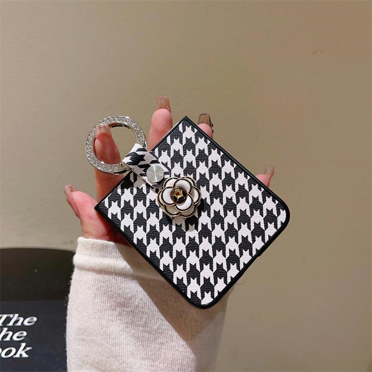 Compatible with Samsung ZFlip6 foldable ring phone case, ZFLIP7 Japanese-Korean plaid camellia leather case protective case