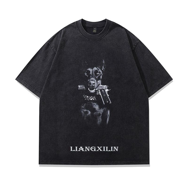 Trendy Brand American High Street Retro Doberman Direct Injection Printing Washed Long-Sleeved T-Shirt Men'S Loose Vintage Top