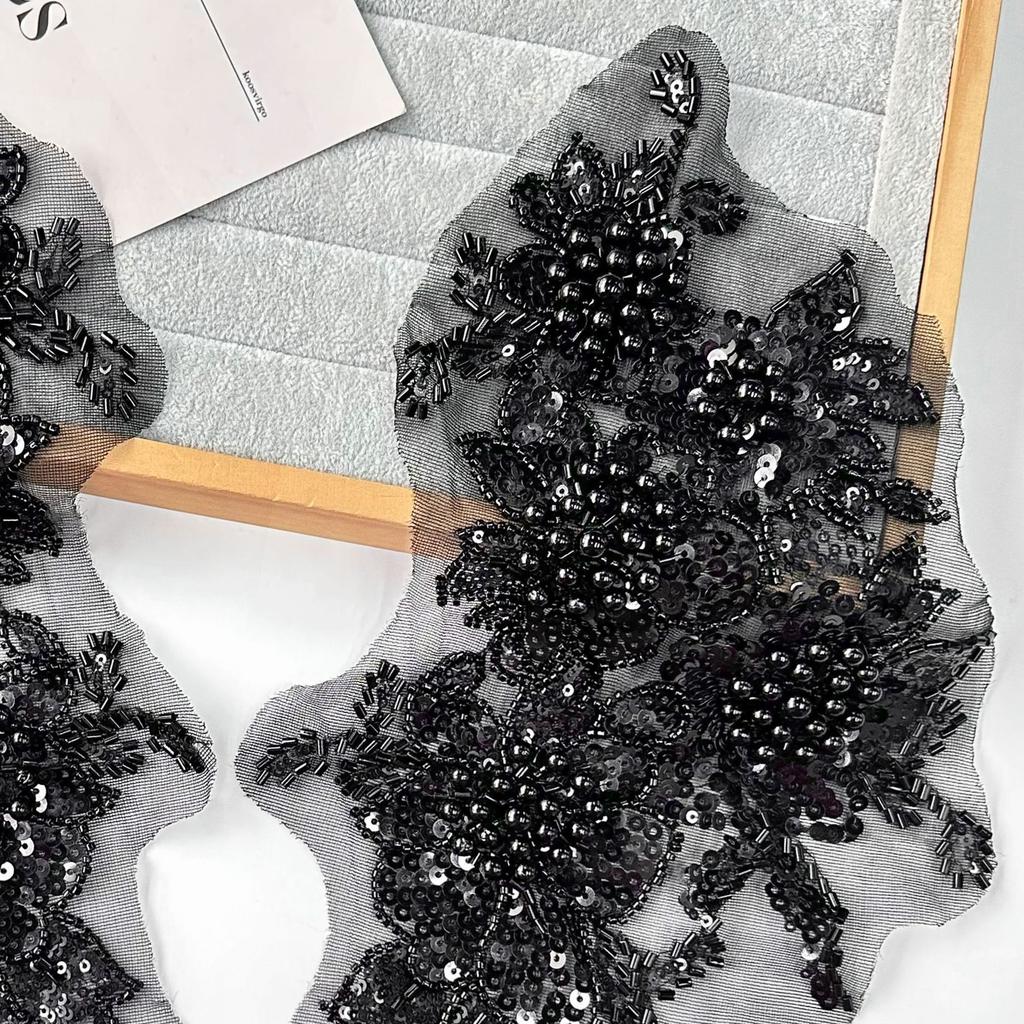 Black Cloth Sticker Three-Dimensional Mesh Yarn, Beaded Sequins, Flower Applique Clothing, Evening Dress, Performance Clothing
