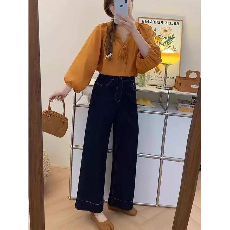 Women's Plus Size Dark Blue Straight Leg Jeans - Spring 2026 Loose Fit Pear Shape Slimming Wide Leg Pants