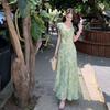 Online business French green small flying sleeves floral dress children's summer V-neck elegant temperament style explosion