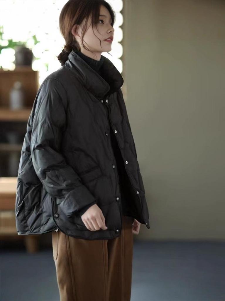 Women's Short Stand Collar White Duck Down Jacket - Loose Fit, Commute Style