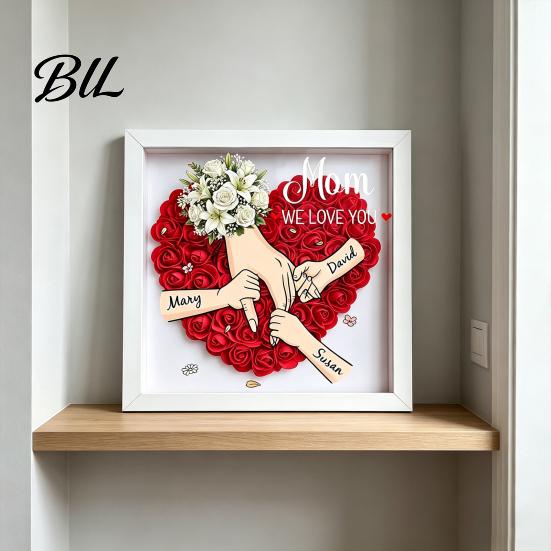 Shatterproof Acrylic Frame Personalized Mommy I Love You Flower Shadow Box Custom Names Holding Hands Gifts for Mom Grandma from Daughter or