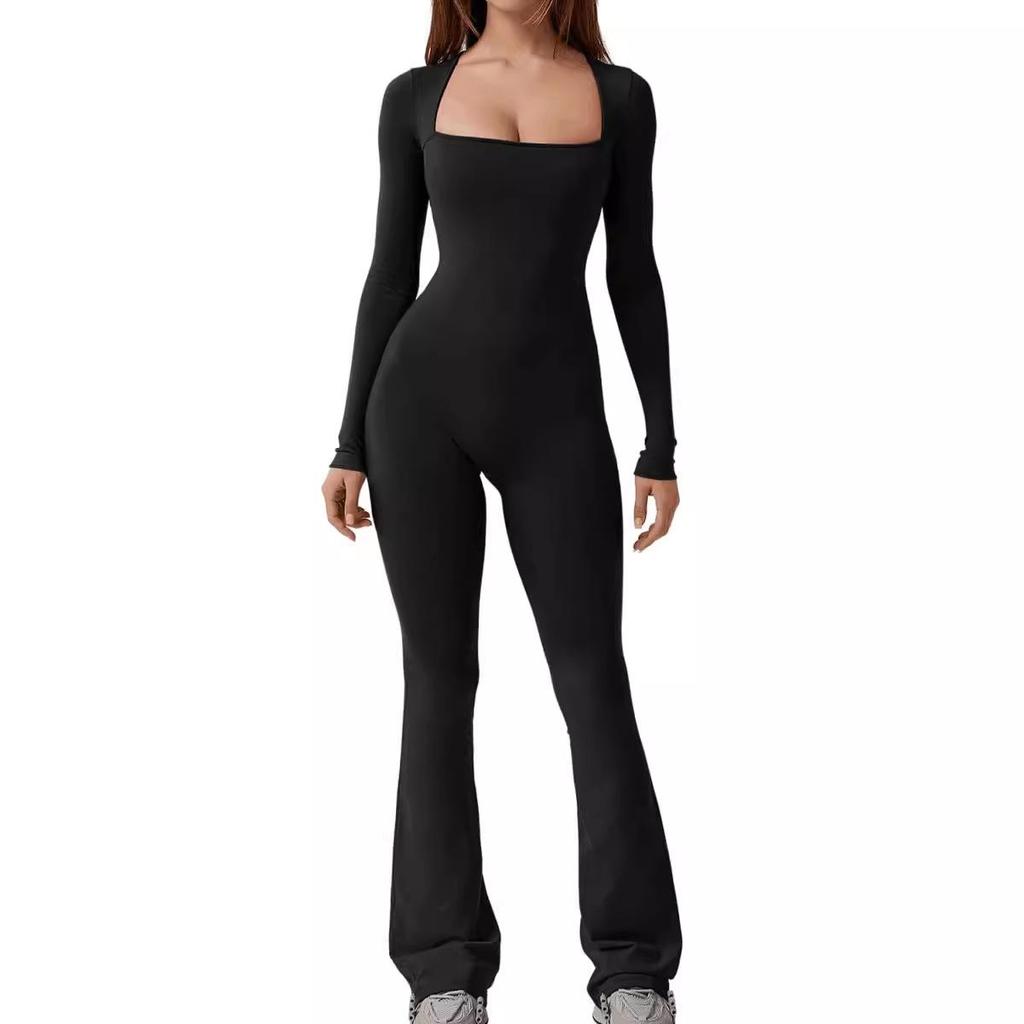 2023 Damen Langarm Jumpsuit mit Bauchkontrolle und Taillenformer, Po-Lifting, Karree-Ausschnitt, Weiter Beinausschnitt, Hohe Elastizität