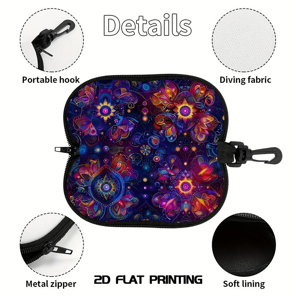 2D-Neon Mandala Floral Pattern Sunglasses Case, Protective Zipper Eyeglasses Pouch, Lightweight Portable Eyewear Container for Travel and Gift
