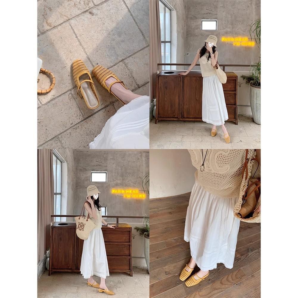 Spot second hair! Paris vacation~ square head woven thick heel bag head Mary Jane slippers women's half drag new sandals