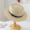 French Top Hat Flat Top Straw Hat Women's Retro Black Belt Buckle Straw Hat Sunscreen Shade Straw Hat Seaside Beach Hat