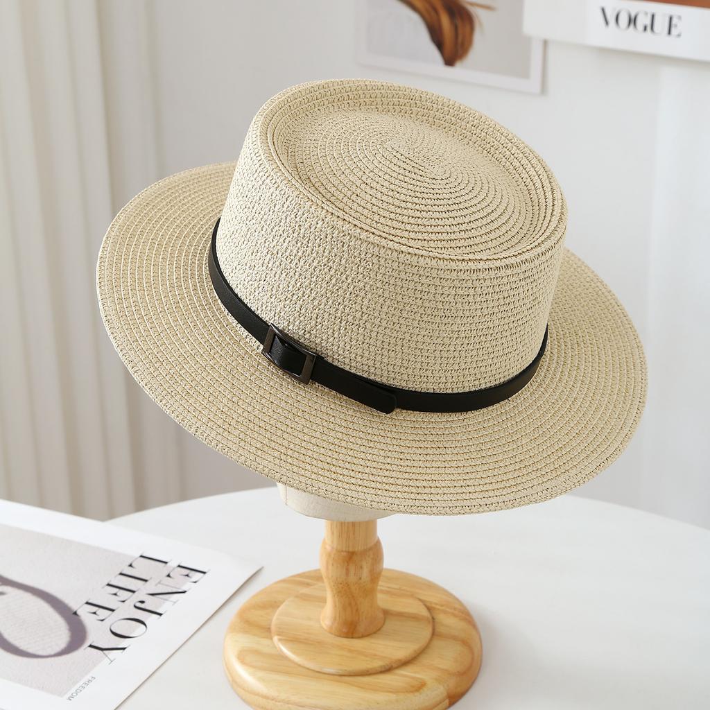 French Top Hat Flat Top Straw Hat Women's Retro Black Belt Buckle Straw Hat Sunscreen Shade Straw Hat Seaside Beach Hat