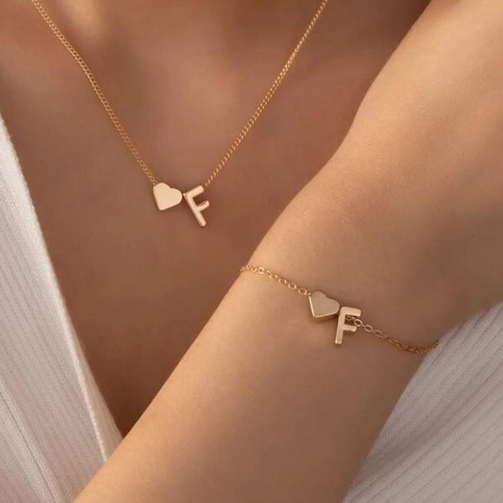 Retro Metal Heart 'M' Necklace & Bracelet Set for Women - European & American Letter Jewelry