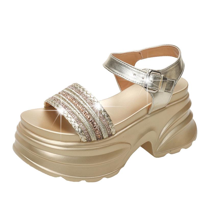 Women's Sandals for Summer Outdoor Wear, Light Luxury Rhinestone Thick-soled Roman Shoes, Exquisite All-match Sandals