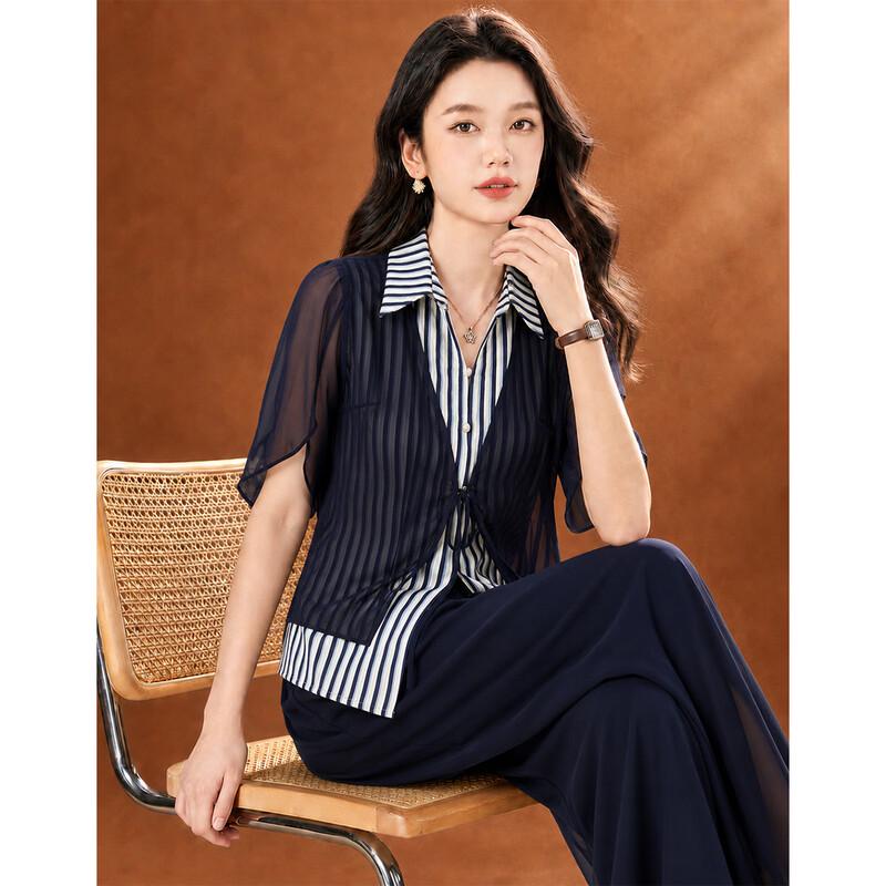 Women s Striped Chiffon Summer Two-Piece Set M темно-синий