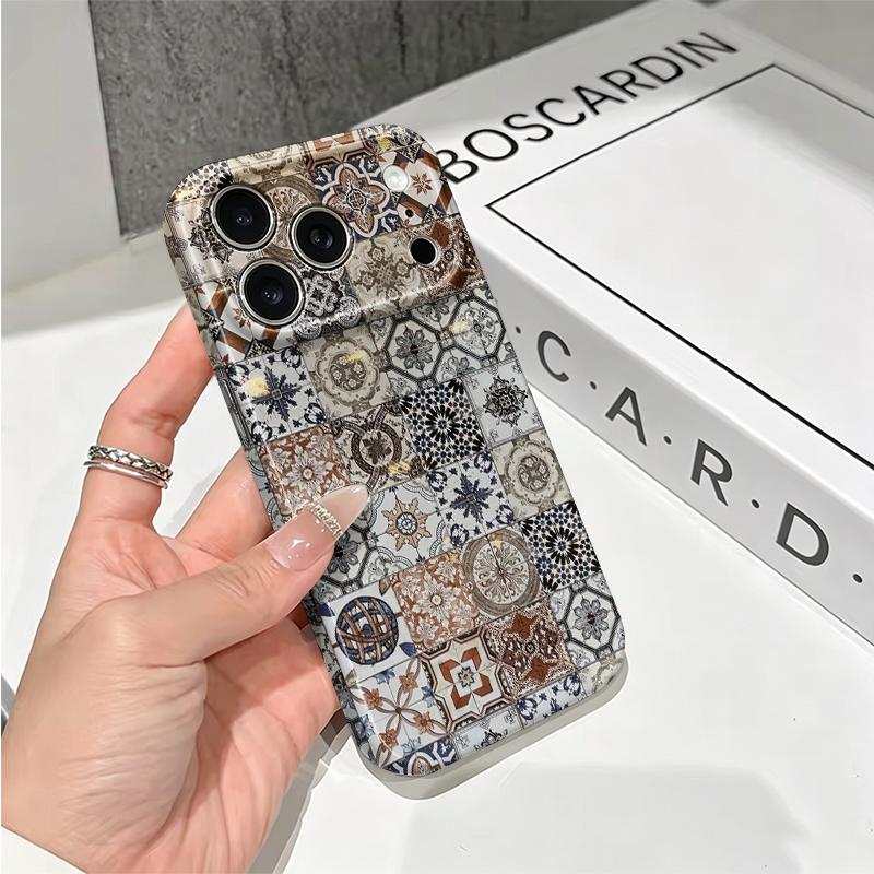 Vintage Moroccan Geometric Patchwork Tile Art Graphic Film Aesthetic Protective Shockproof Bumper Phone Case Cover For iPhone 14 15 16 Pro Max Plus