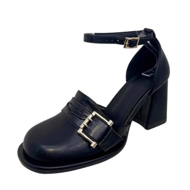 

Fashion Fashion Round Toe Metal Belt Buckle Design Mary Jane Shoes Women Ankle Strap Shallow High Heeled Sandals New Black Leather Shoes 39 чёрный