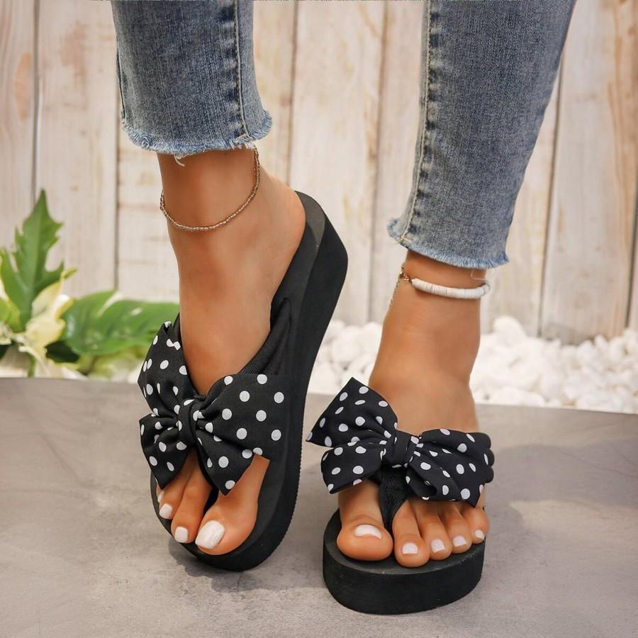 Fashion Summer Ladies Handmade Check Print Bows Flip-flops Soft-soled Non-slip Women's Cloud Slippers Travel Vacation Beach Women Shoes