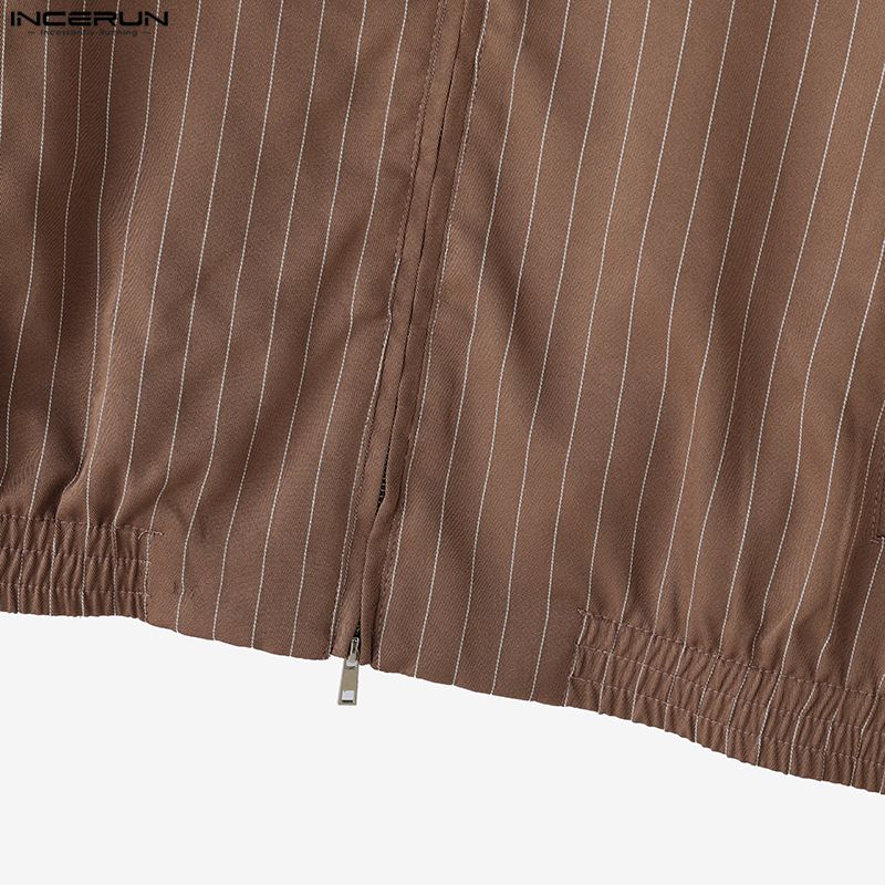INCERUN Men Lapel Neck Long Sleeve Striped Casual Zip-up Thin Jackets Coats