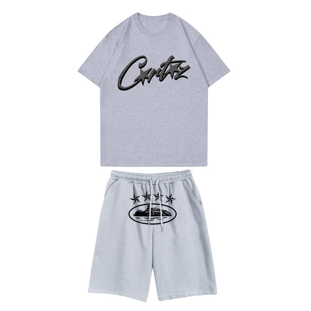 Unisex Jogging Set Summer Casual Printed Round Neck Short Sleeve T-Shirt + Shorts Set Sports Suit