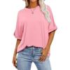 Damen Schwarzes Lockeres T-Shirt Mit Aufgeschlagenen Kurzen Ärmeln Und Rundem Ausschnitt Lässiges Sommer Oberteil
