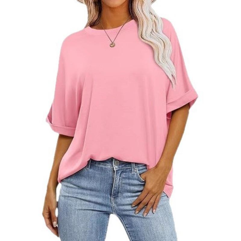 Damen Schwarzes Lockeres T-Shirt Mit Aufgeschlagenen Kurzen Ärmeln Und Rundem Ausschnitt Lässiges Sommer Oberteil