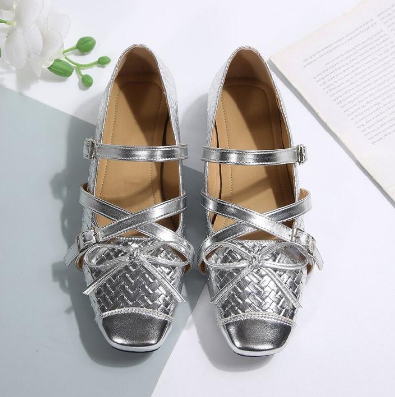 Women's Mary Jane Shoes New Luxury Bow Ballet Flats Cute Lolita Single Shoes Ladies Silver Belt Buckle Footwear Elegant Fashion