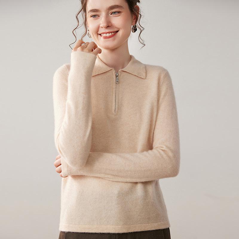 Women's Long-Sleeve Cashmere Half-Zip Polo Neck Sweater - Casual, Versatile, and Comfortable