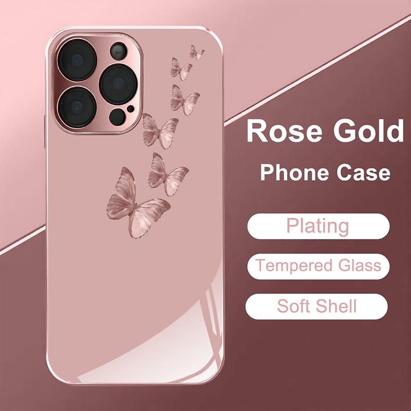 Rosa Schmetterlingsmuster Rosa Metallisch Gehärtetes Glas Handyhülle Für iPhone 17 16 15 14 13 12 11 Pro Max 15 Plus 17 Air 16E Hülle