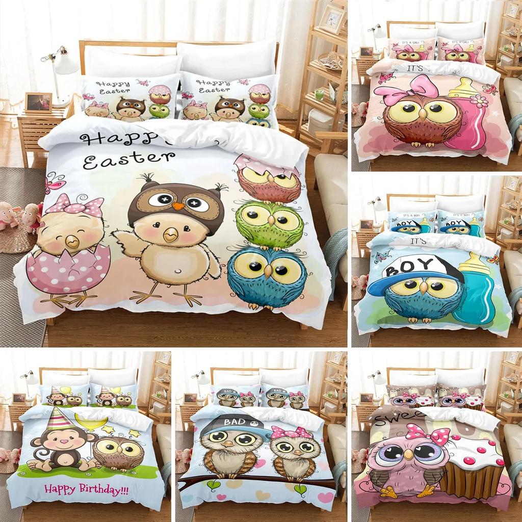 Cartoon Owl Fashion Cute Animal Comfortable Duvet Quilt Cover Pillowcase Bedding Set Children Bedroom Decoration Home Textile