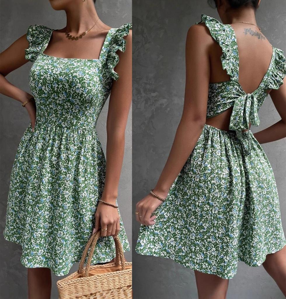 Ladies' Square Neck Bow Dress With Large Swing