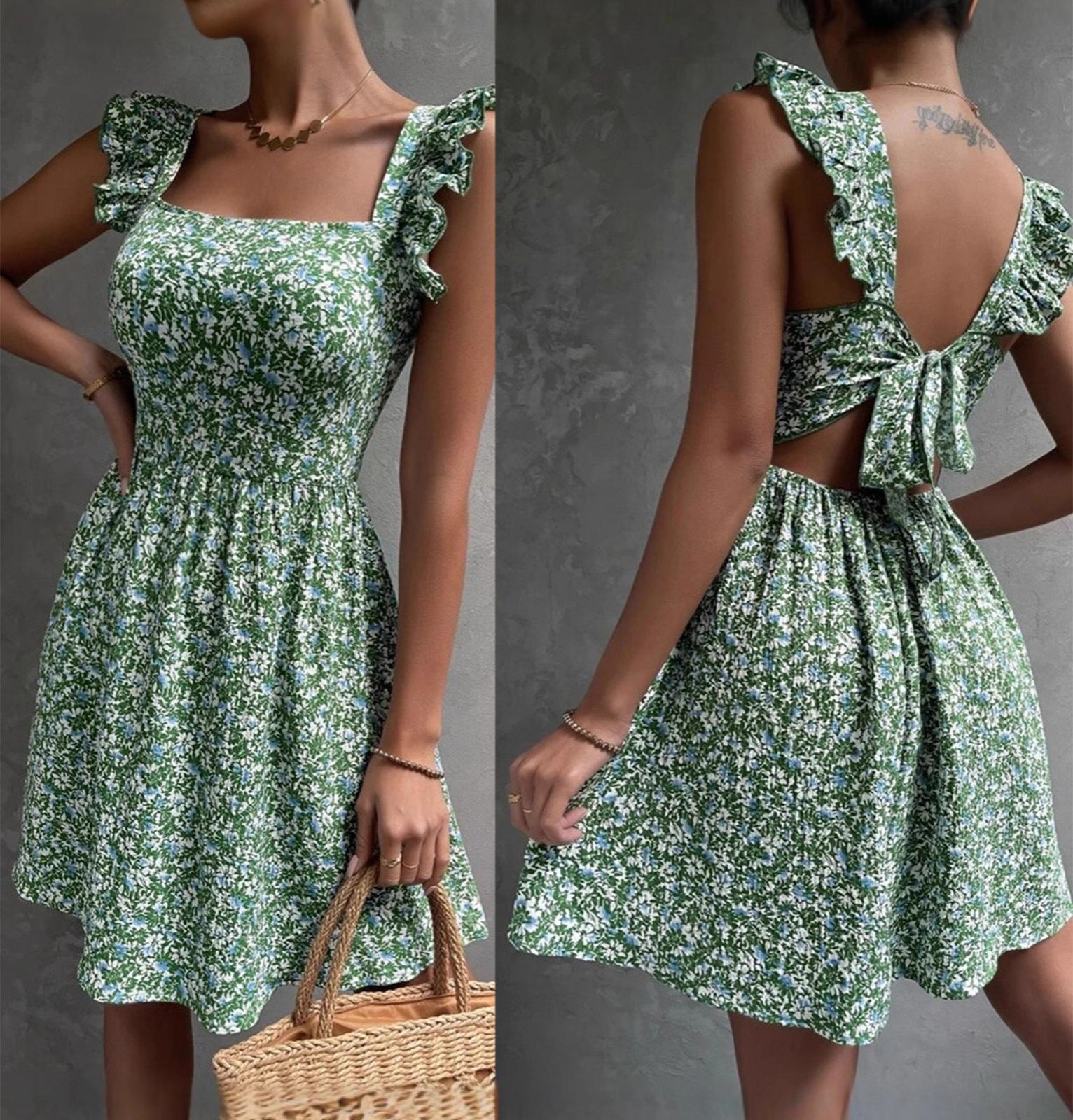 

Ladies Square Neck Bow Dress With Large Swing XL зелений