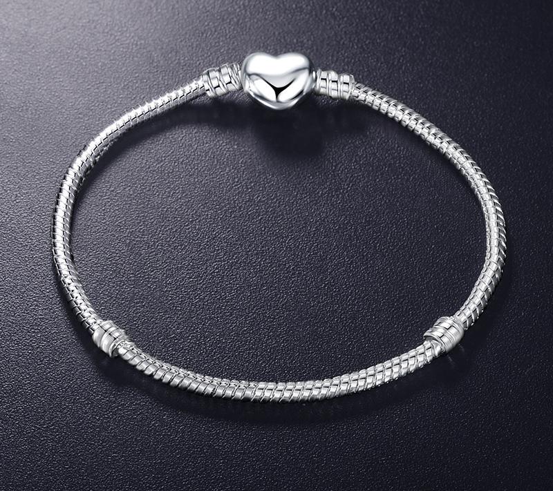 Original 925 Silver Color Heart Shape Charm Bracelet Silver Color Snake DIY Bead Bracelets Gift for Women
