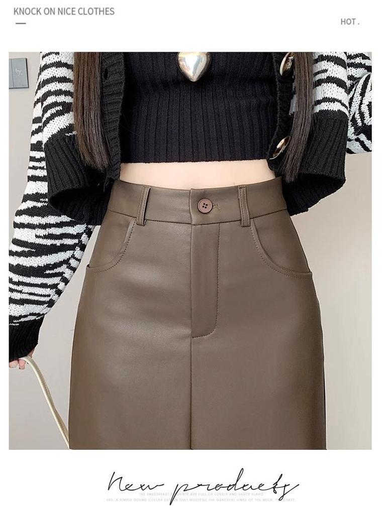 Plus Size High Waist PU Leather Midi Skirt - Retro A-Line Pencil Design with Slit for Women, Autumn/Winter Collection