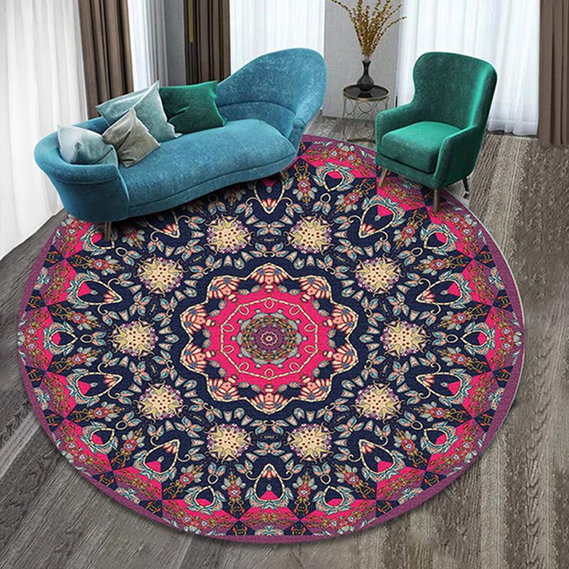 Blauw Gouden Boho Mandala Bloemig Rond Tapijt, Antislip Slijtvast Cirkel Vloermat voor Luxe Woonkamer Bank Decoratie 120x120cm