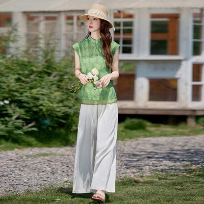 Light Suit Women's Summer Design Sense Retro Printed Top Slim Meat-covering Wide-leg Pants Two-piece Set