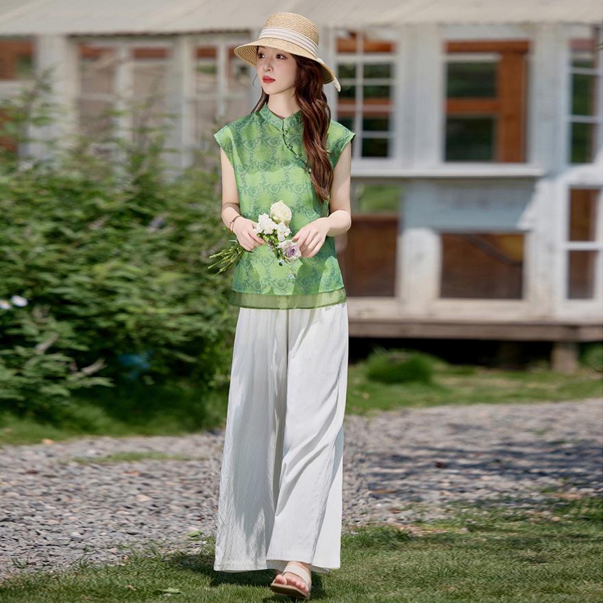 Light suit women's summer design sense retro printed top slim meat-covering wide-leg pants two-piece set