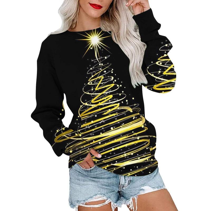 Autumn Winter Fashion Christmas Series Christmas Tree Elk Printed Pocket Round Neck Hoodie
