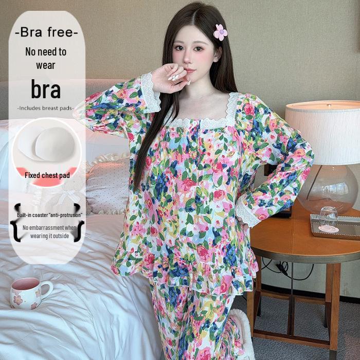 Yellow Sweet Princess Long Pajamas with Chest Pad - Korean Cloud Cotton, Plus Size, Spring/Autumn Style