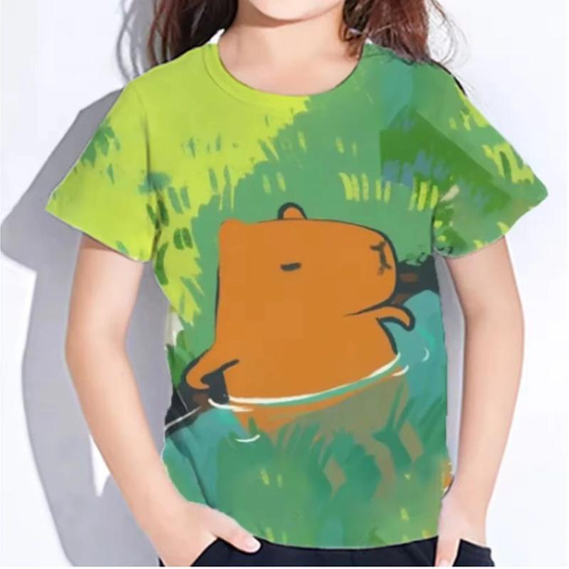 Children's Cartoon Capibala Print Cute Multi-color T-shirts Girls Fashionable Soft Comfortable T-shirt