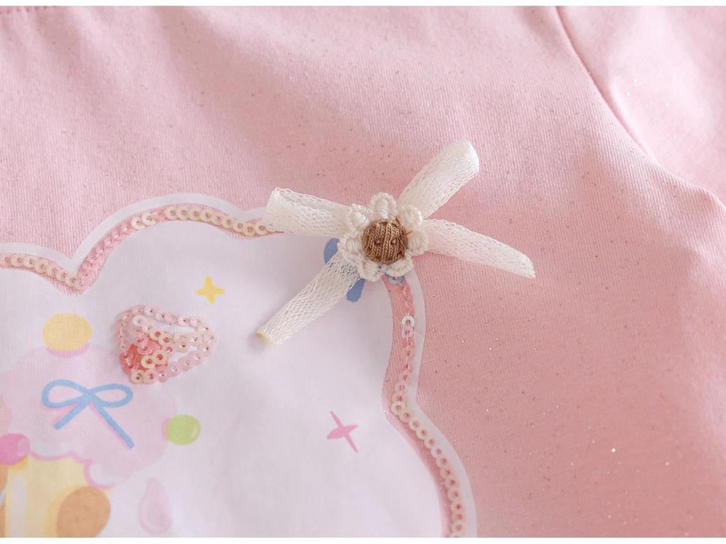 Rochie T-shirt cu mânecă lungă pentru fete, 2025, cu desen animat dulce și tivul fustei îmbinat