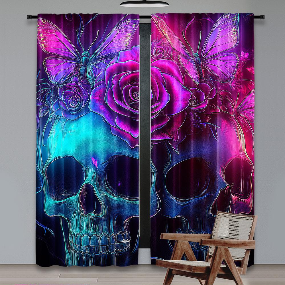 2Pcs Hippie Sugar Skull Curtains Pink Rose Floral Curtains Gothic Skeleton Happy Halloween Curtains For Living Room Dining Room