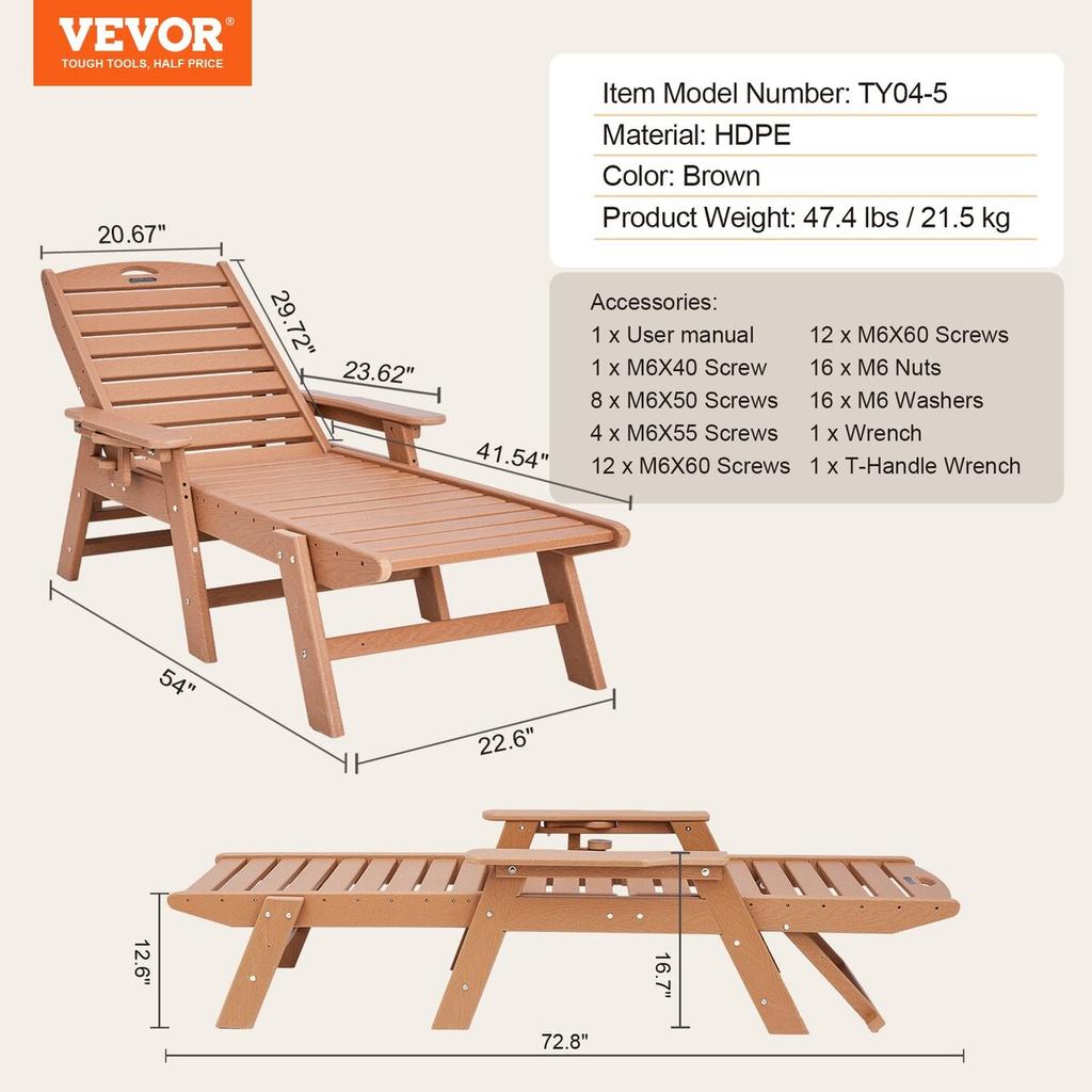 Outdoor Chaise Lounge Chair 6-Position Reclining Patio Bench Lounger Brown