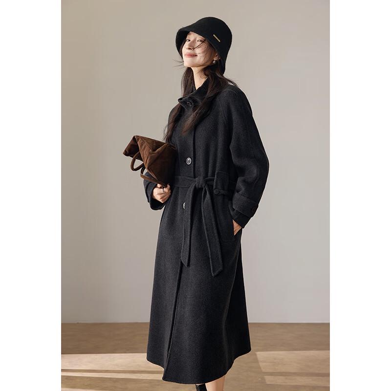 VICTORIA&VERA Women's Cashmere Blend Belted Stand-Up Collar Wool Coat