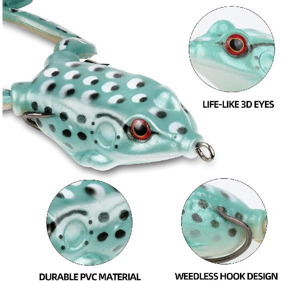 RUNCL Topwater Frog Lures 5PCS, Durable Lifelike Silicone Bass Bait, Floating Realistic Frog Lures Kit for Freshwater Saltwater, Topwater Fishing