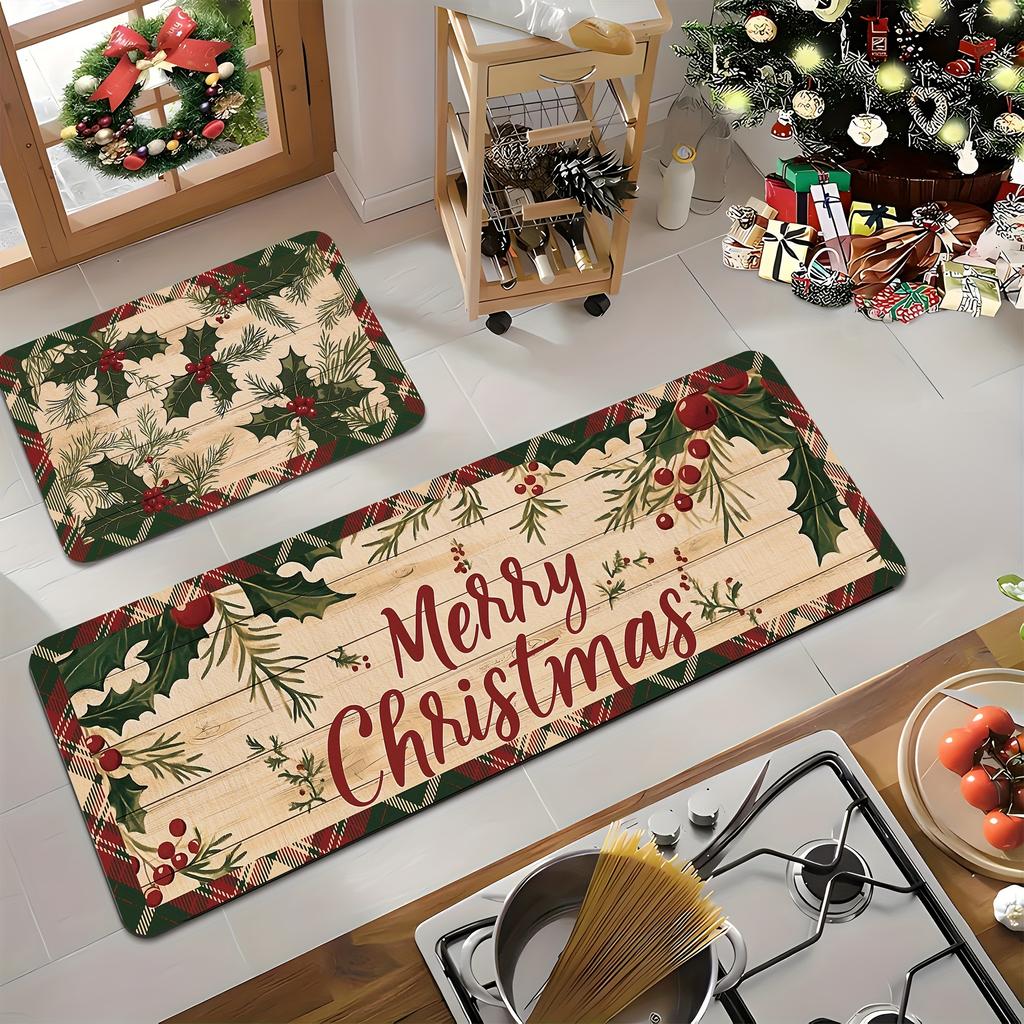2 Stück Anti-Ermüdungs-Küchenteppiche, Weihnachts-Vintage-Karomuster, wasserdicht, rutschfest, dick gepolstert, Küchenmatte, strapazierfähig, bequeme Stehmatte für die Küche