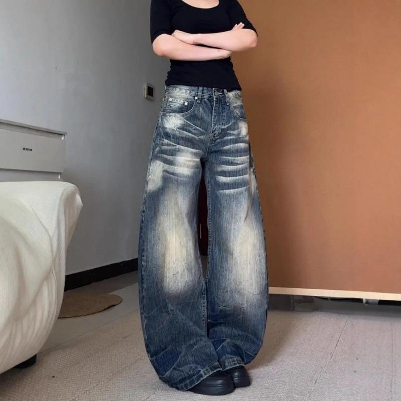 American Distressed High Street Washed Scimitar Jeans Women s Autumn New Loose High Waisted Wide Leg Floor-Mopping Trousers S чёрный