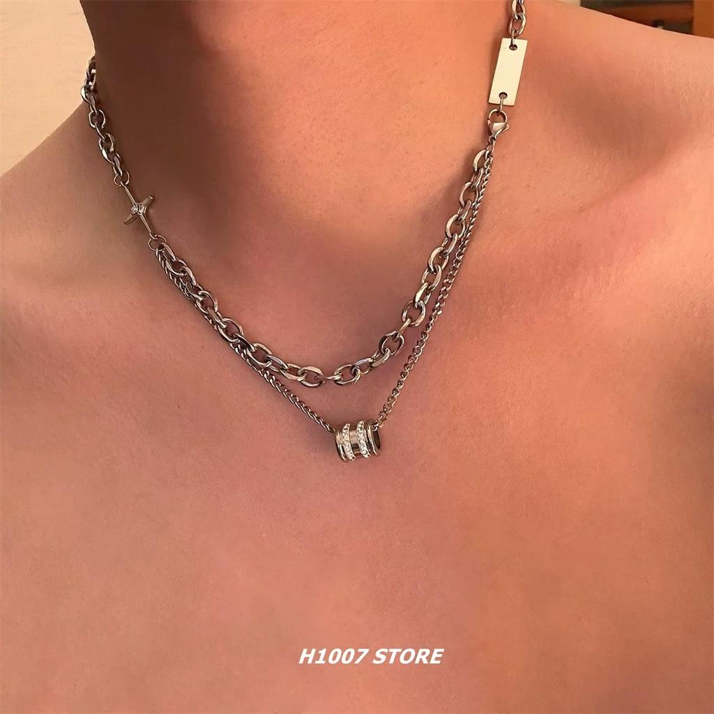 New Double Layer Stacked Diamond-Studded Lucky Bead Titanium Steel Necklace for Men Hip-Hop Trendy Cool High-End Clavicle Chain Versatile Accessory