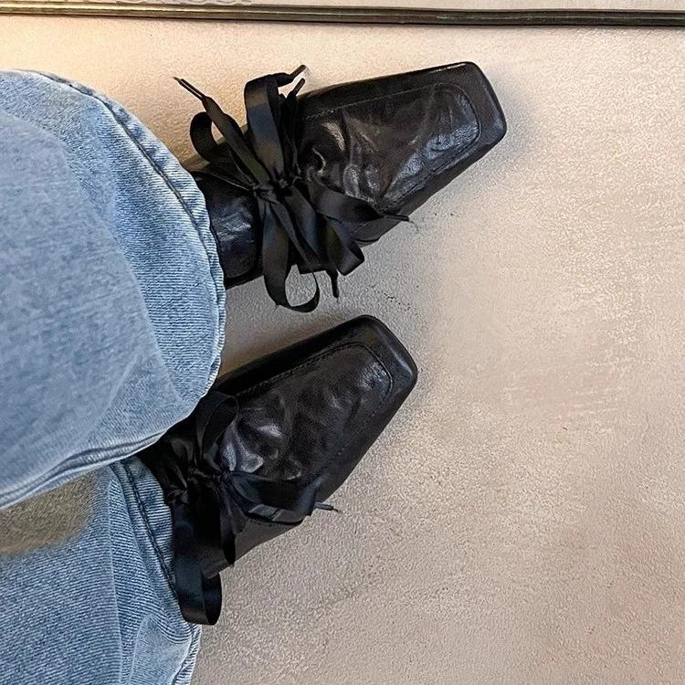 Cowhide version~ Genuine leather British style lace-up small leather shoes for women's 2025 new retro square head versatile fashion loafers