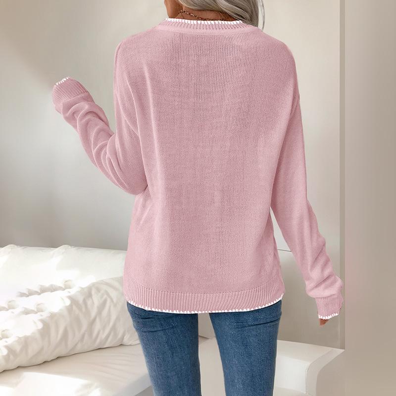 Women's Pink Bow Long Sleeve Christmas Sweater, Autumn/Winter European American Style, Loose Round Neck Knit Top