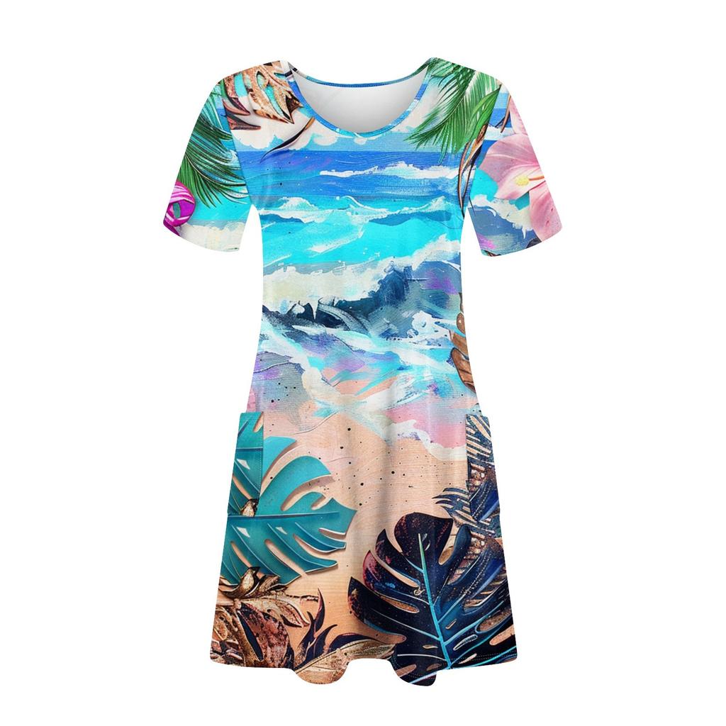 Women's Casual Fashion V-Neck Short Sleeve Hawaiian Print Pocket Dress