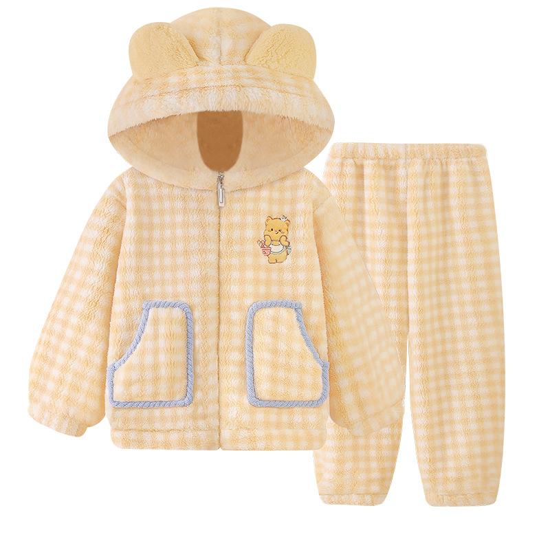 Kids Flannel Pajamas Set Boys Girls Warm Long Sleeve Top And Pants Sleepwear Winter Home Nightwear