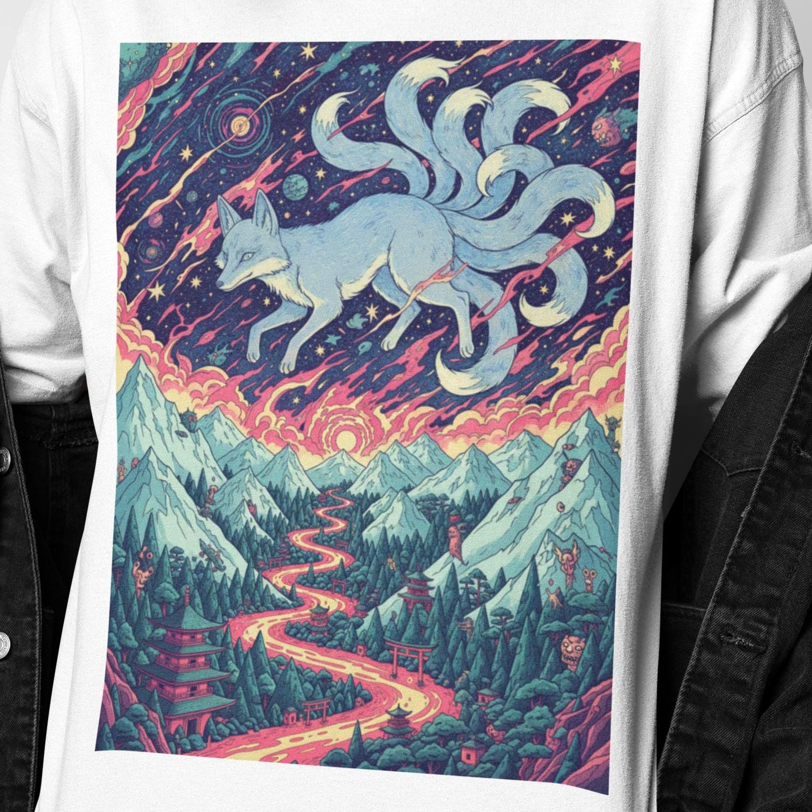 Celestial Kitsune Psychedelic T Shirt | Nine Tail Fox Surreal Graphic Tee | Japanese Spirit Art Gift | Fantasy Myth Present Shirt 2XL