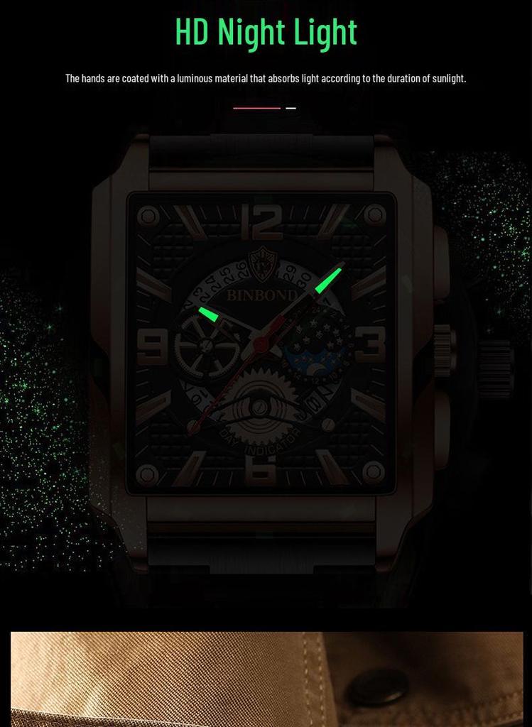 Binbond Men's Retro Multifunctional Waterproof Luminous Square Calendar Watch